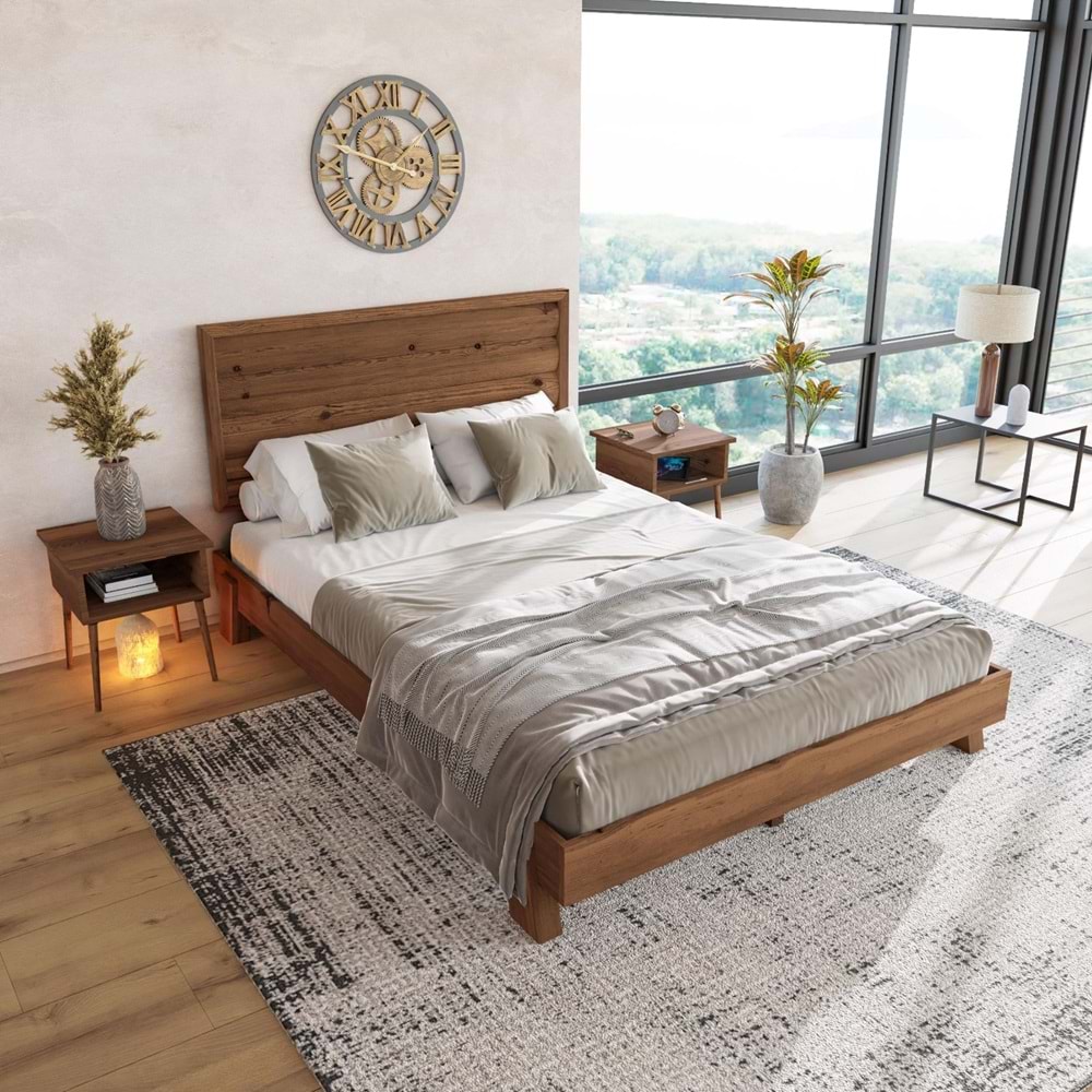 Hüma Model Ceviz Renk Çam Ahşap Karyola Ve İki Komodin Set ( YTY )