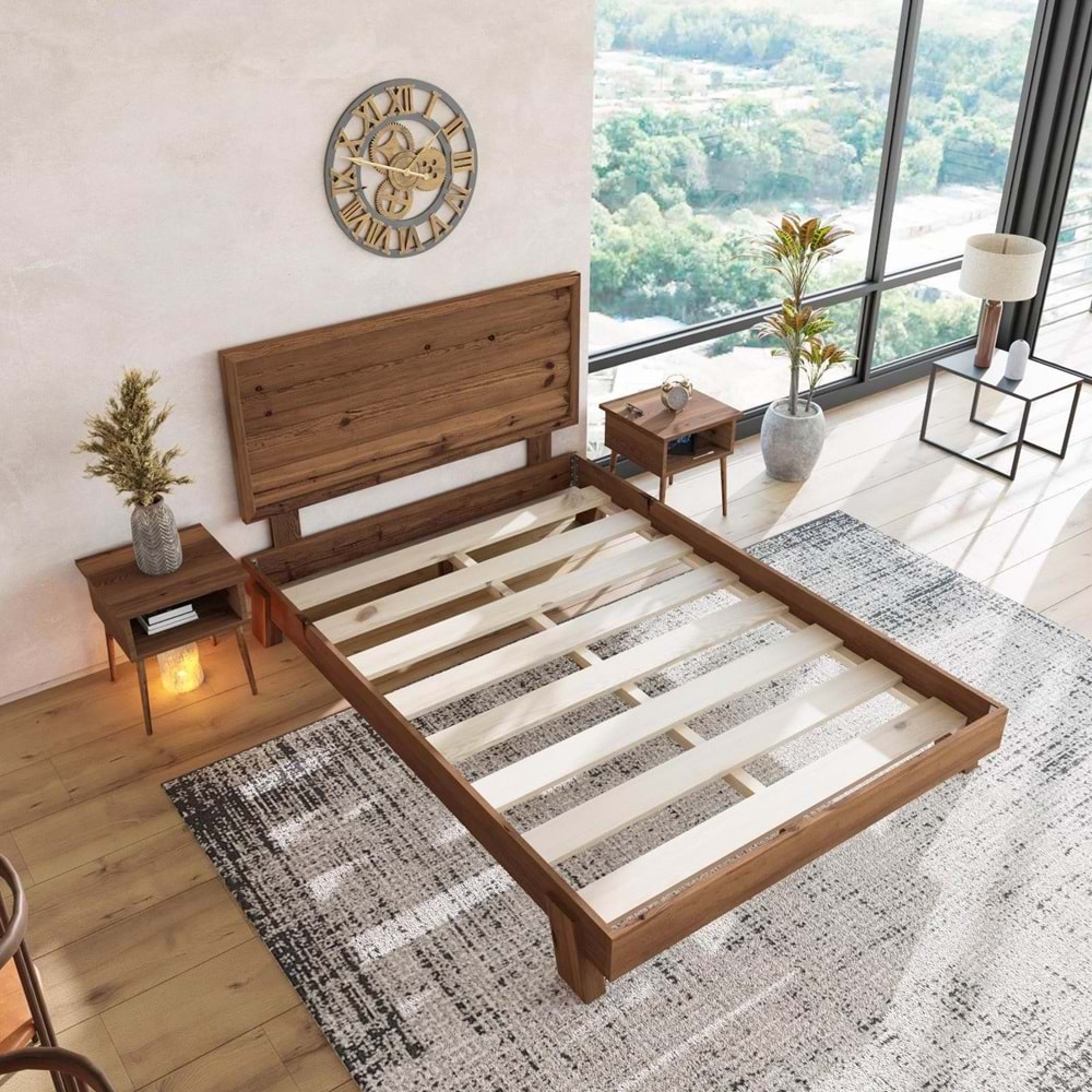 Hüma Model Ceviz Renk Çam Ahşap Karyola Ve İki Komodin Set ( YTY )