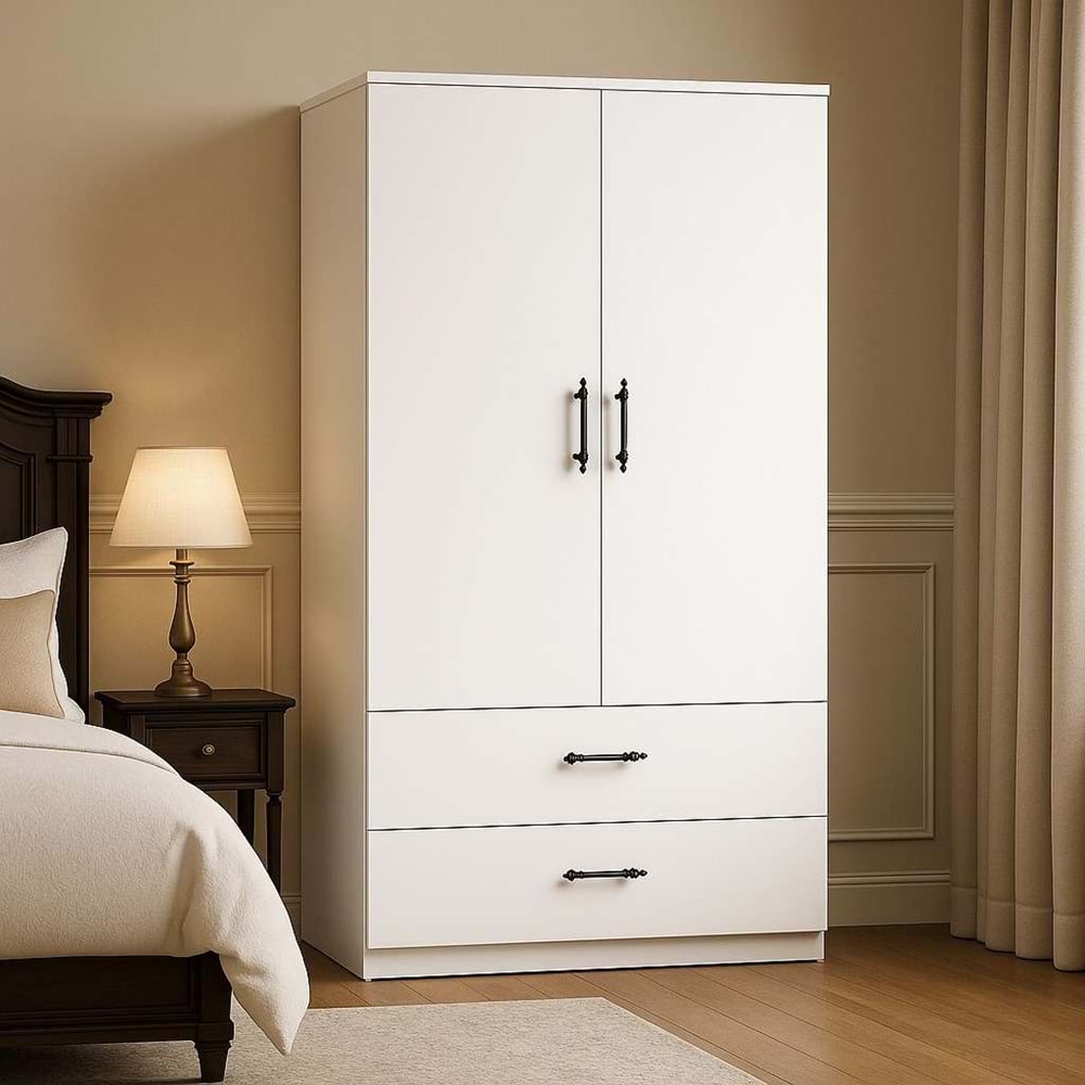 Renazzo %100 MDF 2 Kapaklı 2 Çekmeceli Gardırop