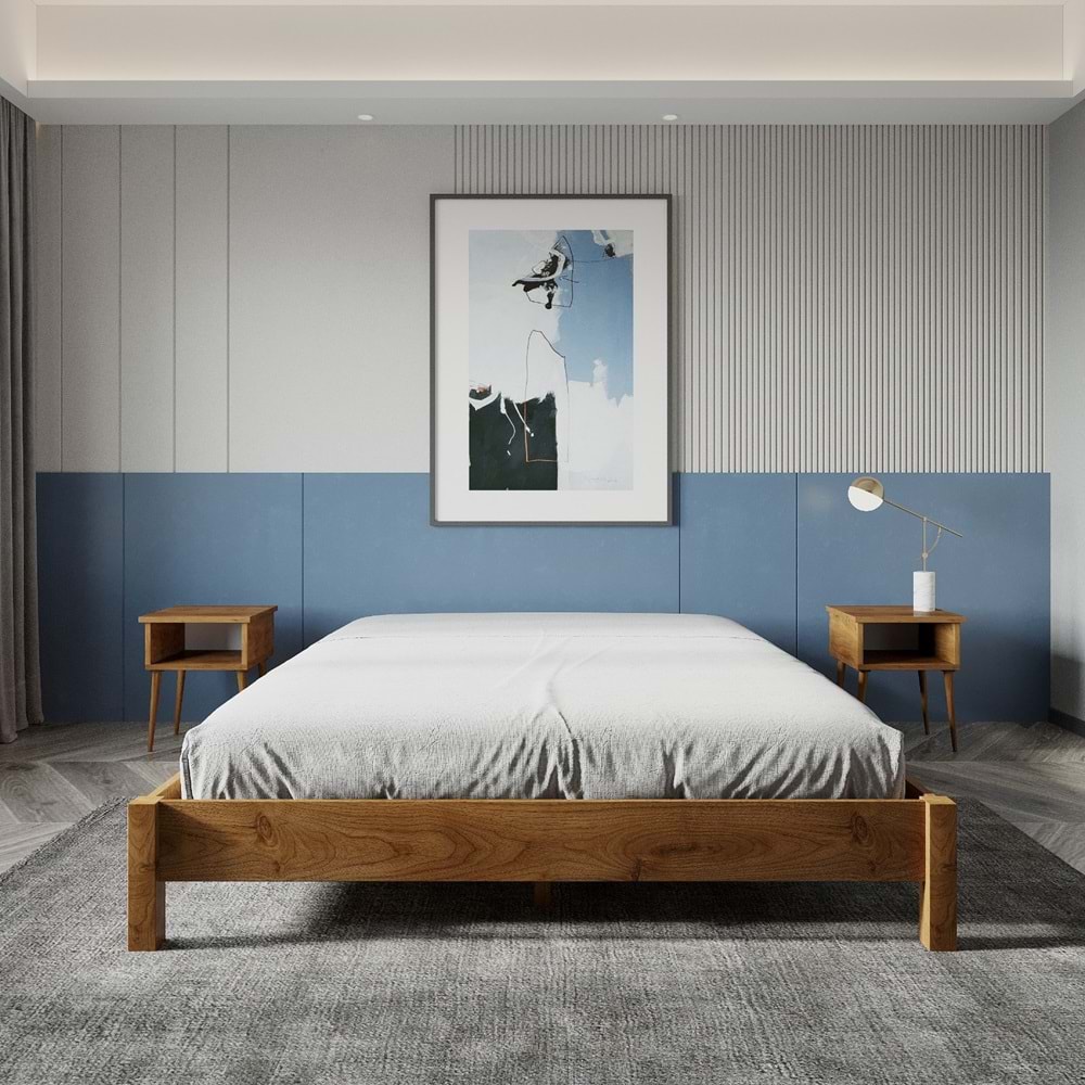 LOFT Model Ceviz Renk Çam Ahşap Karyola Ve İki Komodin Set