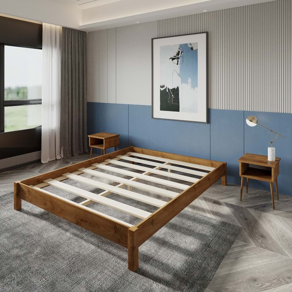 LOFT Model Ceviz Renk Çam Ahşap Karyola Ve İki Komodin Set