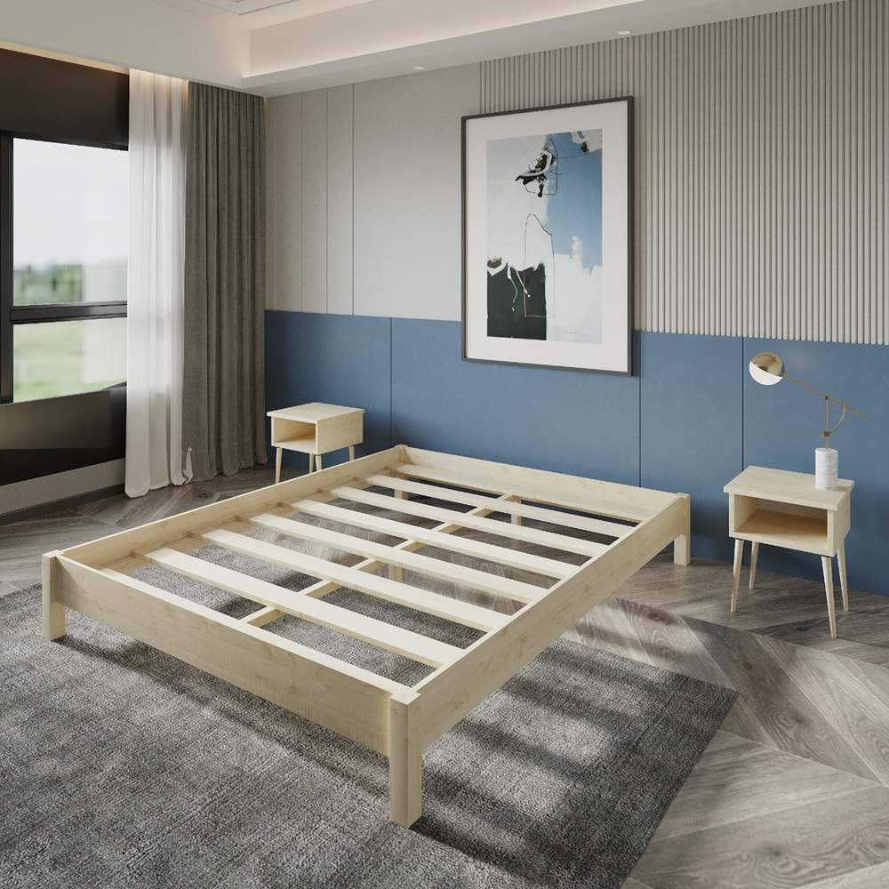 LOFT Model Vernikli Çam Ahşap Karyola Ve İki Komodin Set