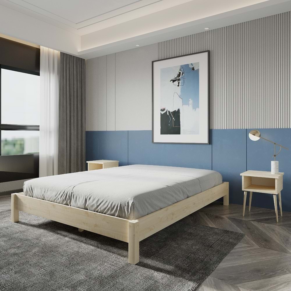 LOFT Model Vernikli Çam Ahşap Karyola Ve İki Komodin Set