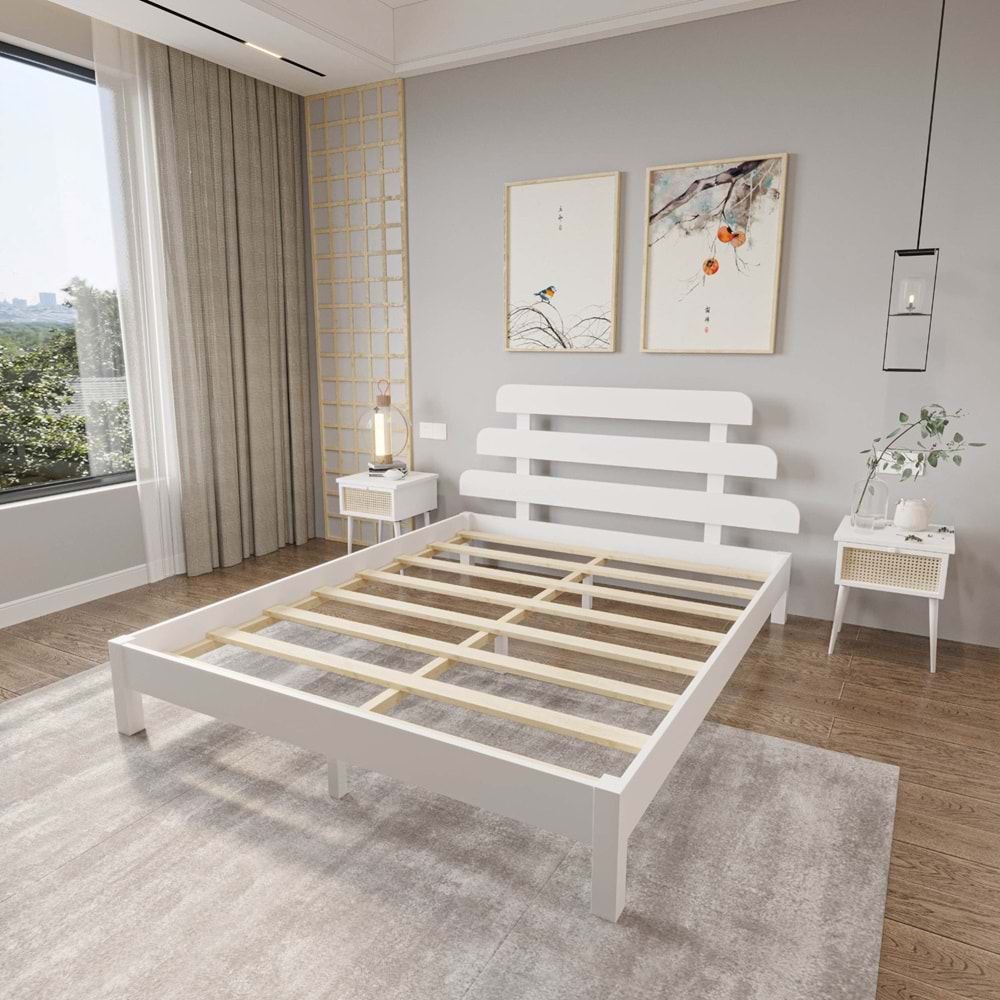 Lotus X Model Beyaz Renk Çam Ahşap Karyola