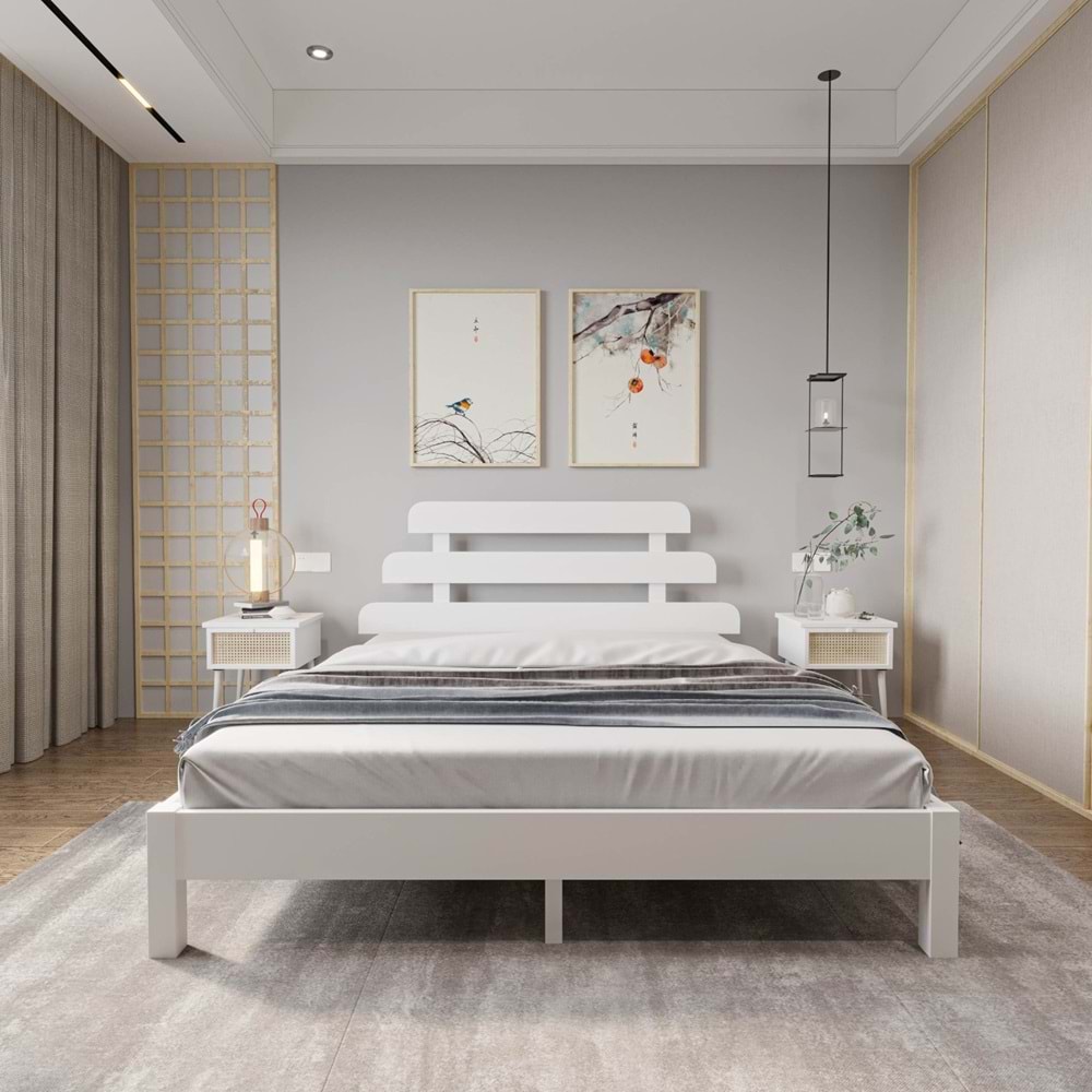 Lotus X Model Beyaz Renk Çam Ahşap Karyola