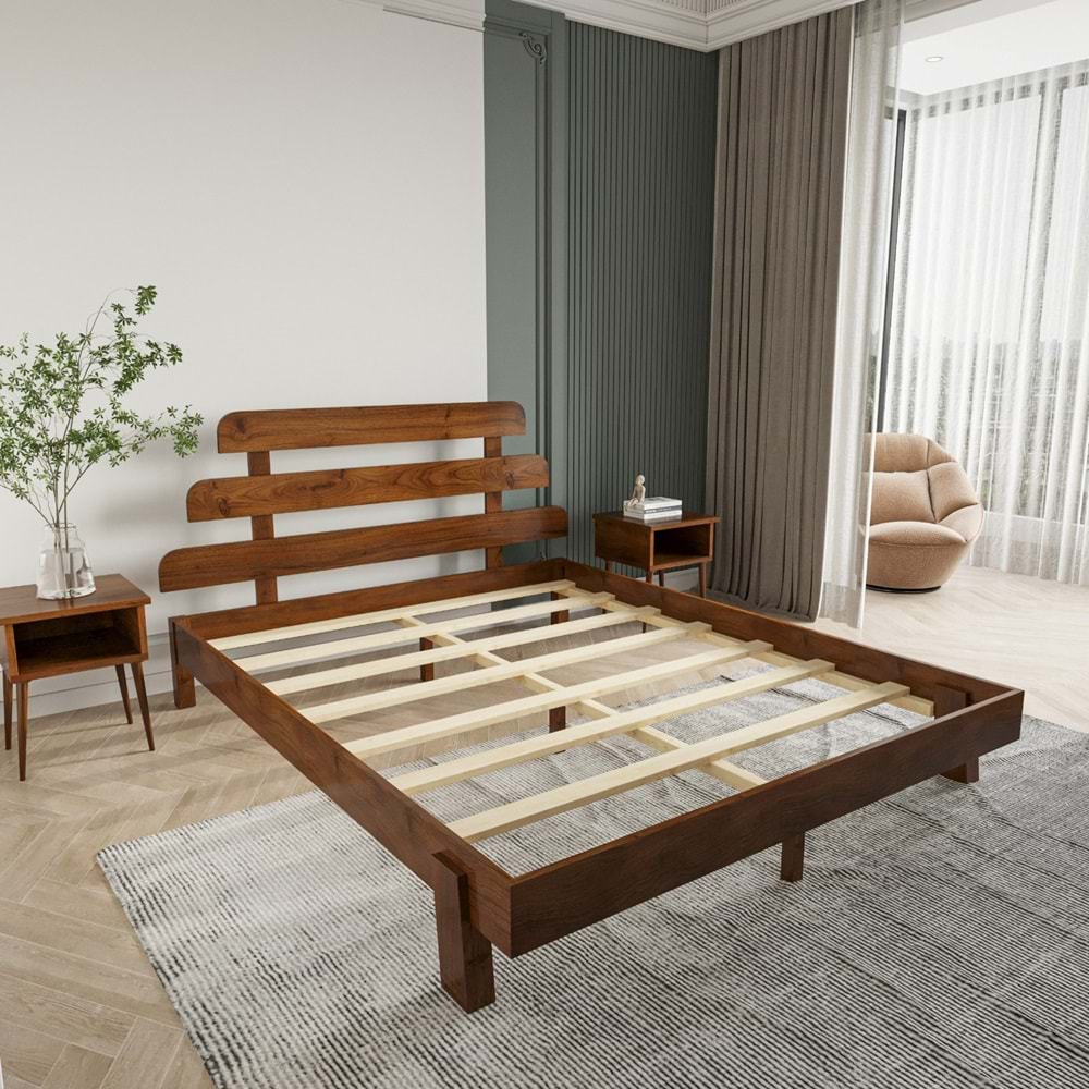 Lotus X New Model Ceviz Renk Ahşap Karyola Ve İki komodin Set