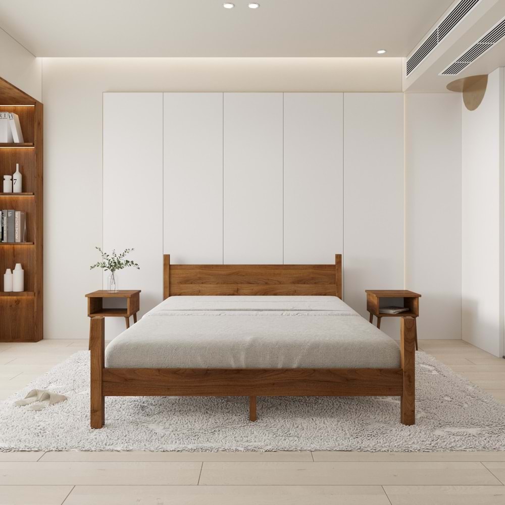 Mirage Model Ceviz Renk Çam Ahşap Karyola Ve İki Komodin Set