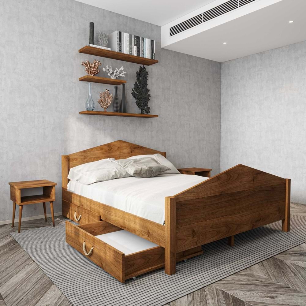 Milano Model İki Çekmeceli Ceviz Renk Çam Ahşap Karyola Ve İki Komodin Set