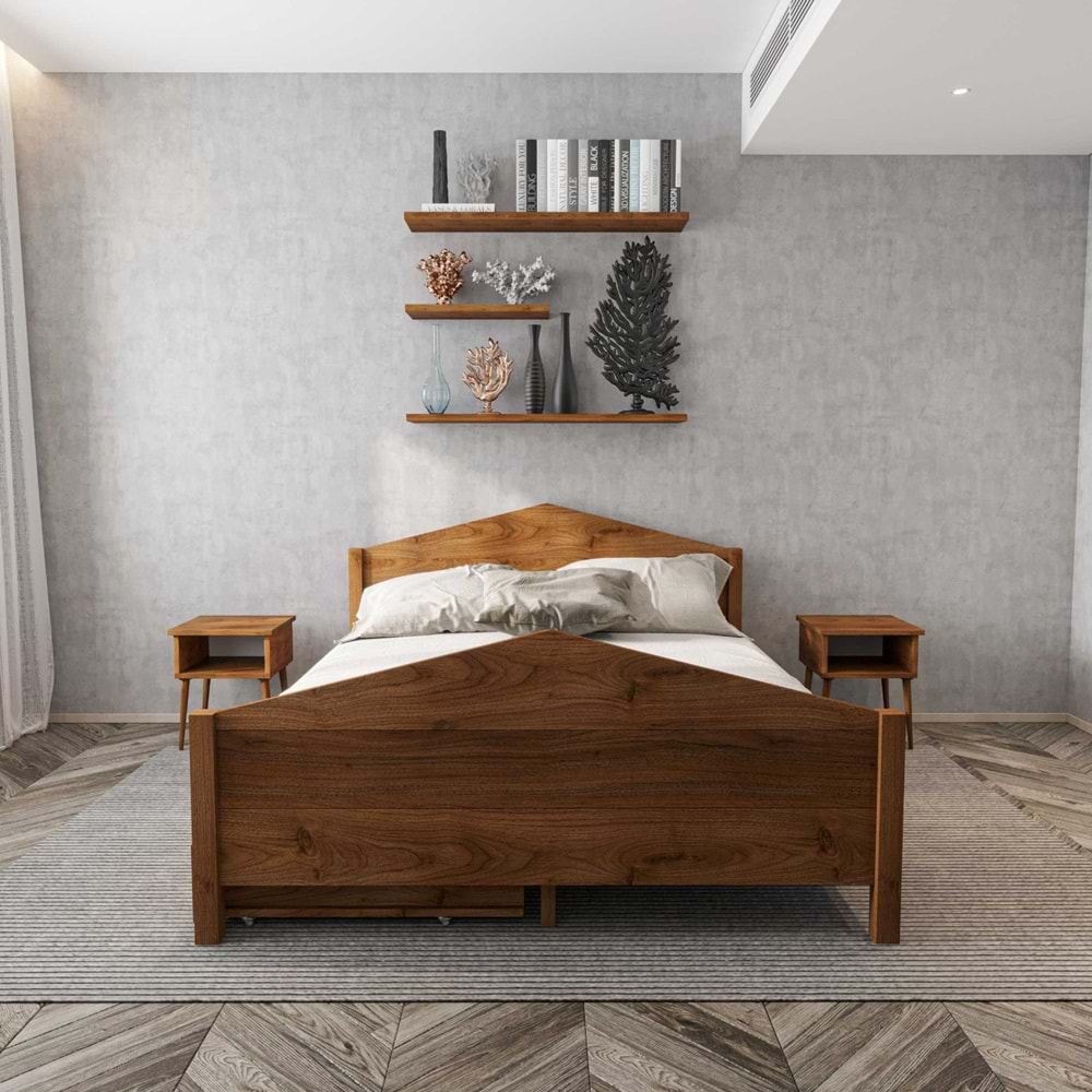 Milano Model Dört Çekmeceli Model Ceviz Renk Çam Ahşap Karyola Ve İki Komodin Set