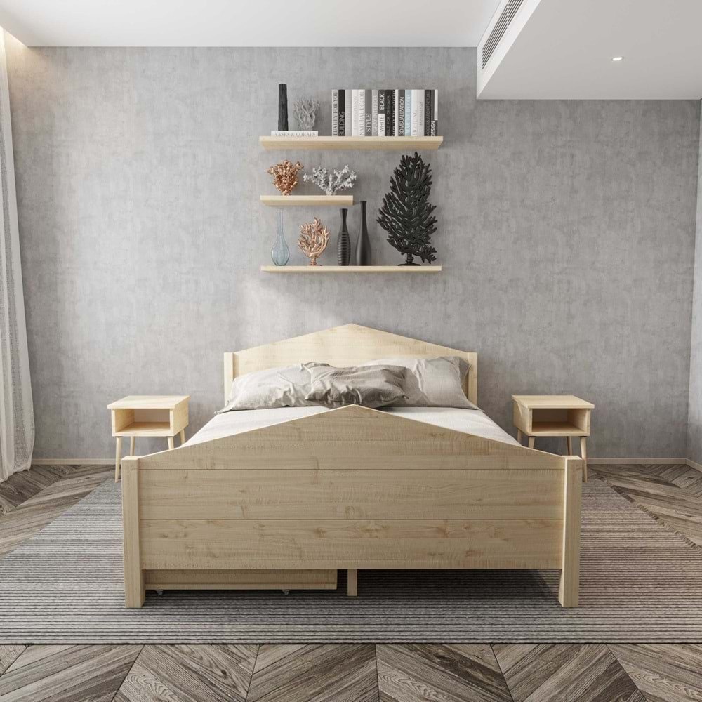 Milano Model Dört Çekmeceli Model Doğal Çam Ahşap Karyola Ve İki Komodin Set