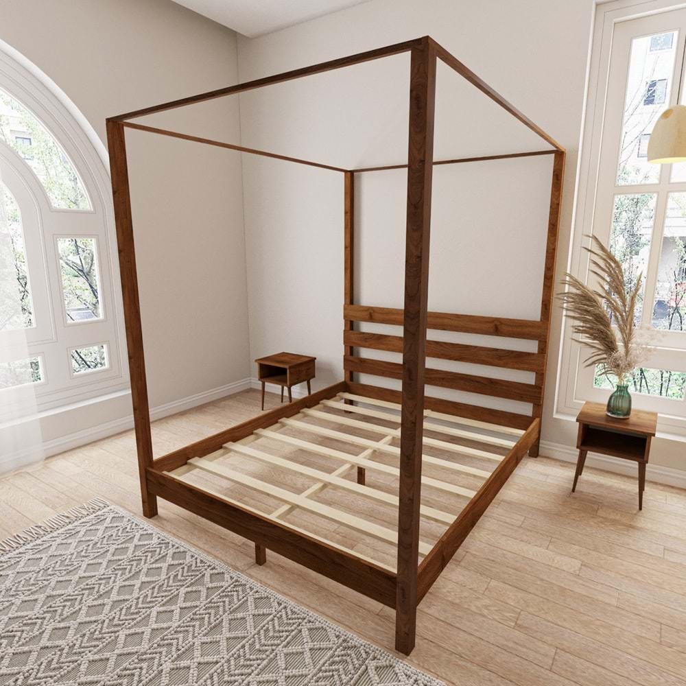 Natura Model Cibindirik Askılıklı Ceviz Renk Çam Ahşap Karyola Ve İki Komodin Set