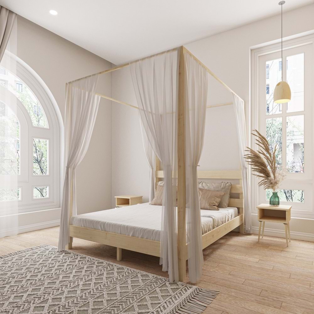 Natura Model Cibindirik Askılıklı Vernikli Çam Ahşap Karyola Ve İki Komodin Set