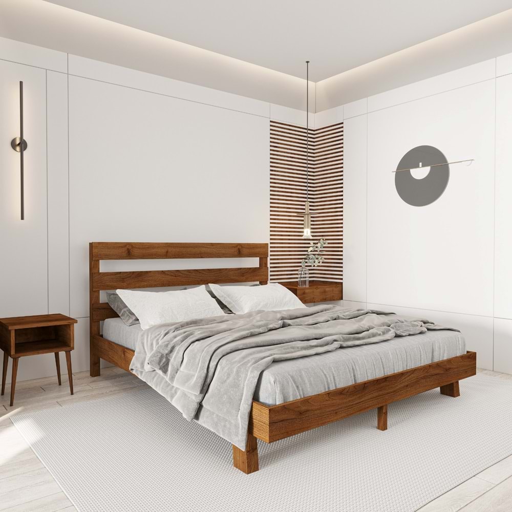 Natura New Model Ceviz Renk Çam Ahşap Karyola Ve İki Komodin Set