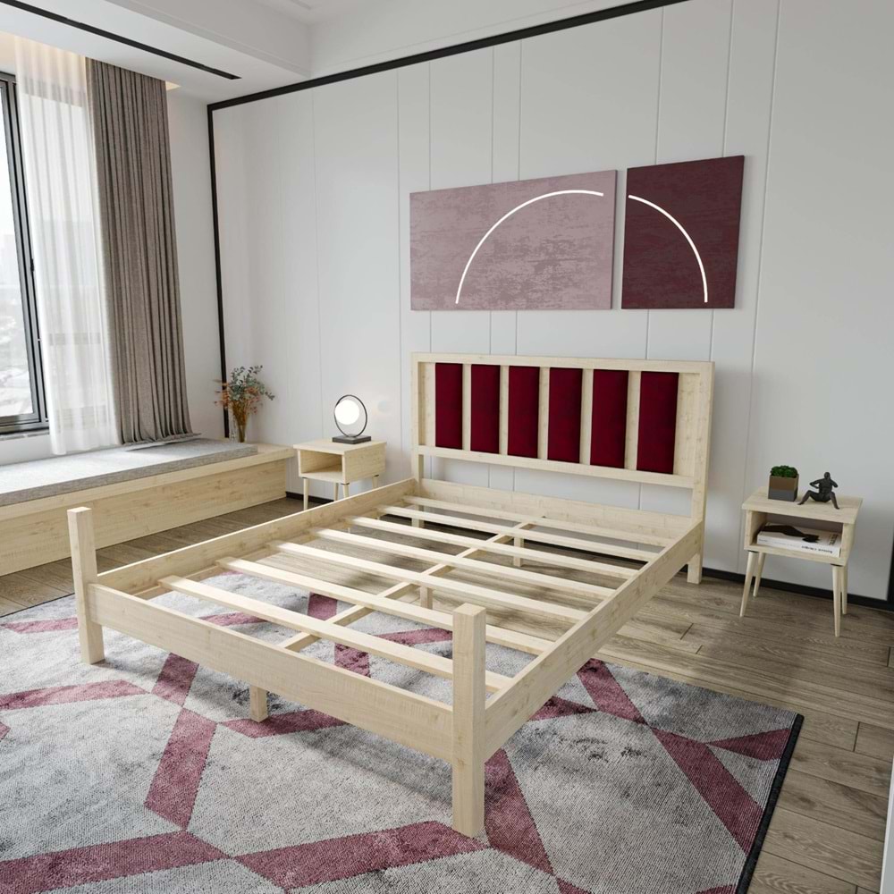 Orion Model Bordo Renk Puflu Başlıklı Doğal Çam Ahşap Karyola Ve İki Komodin Set