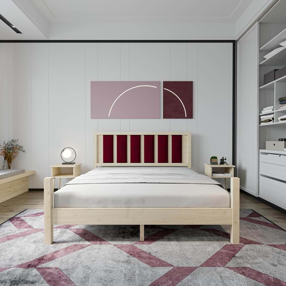 Orion Model Bordo Renk Puflu Başlıklı Vernikli Çam Ahşap Karyola Ve İki Komodin Set