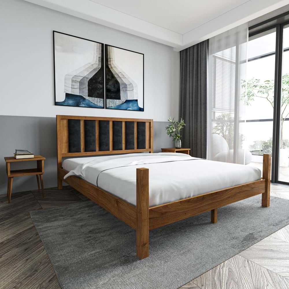 Orion Model Çağla Yeşili Puflu Başlıklı Ceviz Renk Çam Ahşap Karyola