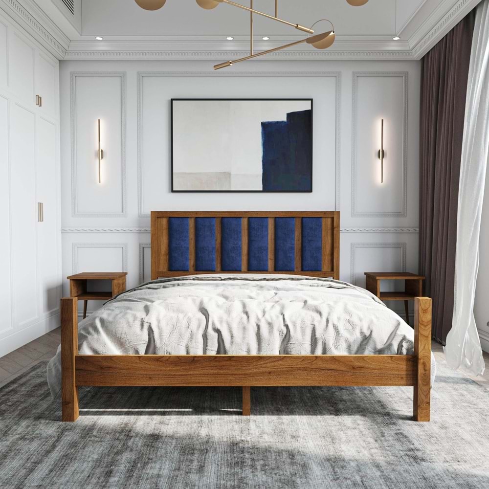 Orion Model Çağla Yeşili Puflu Başlıklı Ceviz Renk Çam Ahşap Karyola