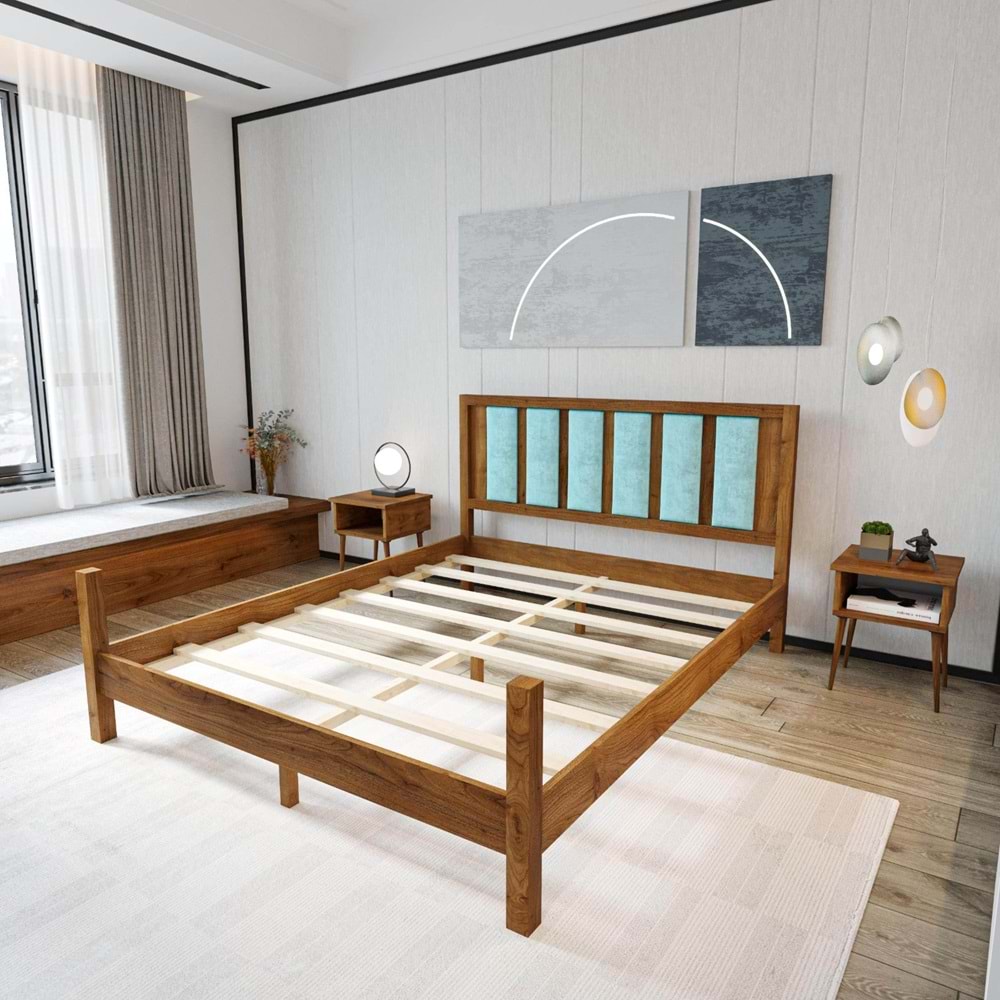 Orion Model Cam Göbeği Puflu Başlıklı Ceviz Renk Çam Ahşap Karyola Ve İki Komodin Set