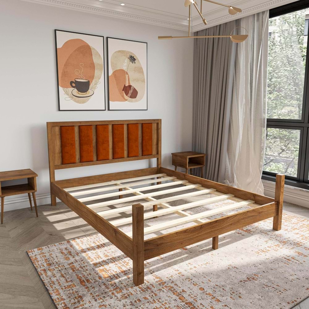 Orion Model Kiremit Renk Puflu Başlıklı Ceviz Renk Çam Ahşap Karyola