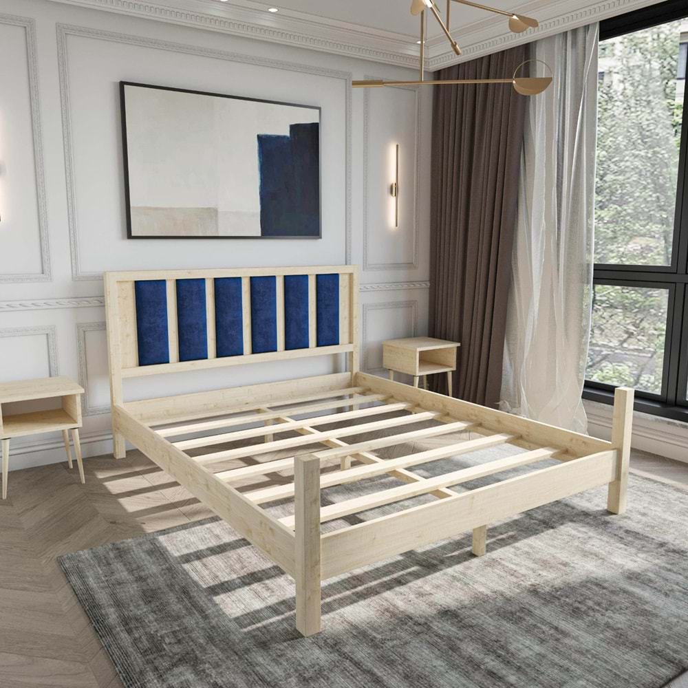 Orion Model Lacivert Renk Puflu Başlıklı Doğal Çam Ahşap Karyola Ve İki Komodin Set