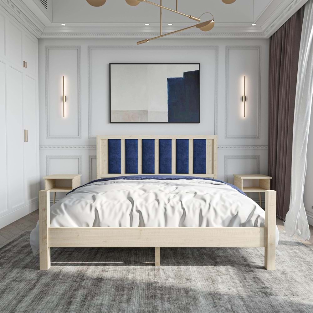 Orion Model Lacivert Puflu Başlıklı Doğal Çam Ahşap Karyola