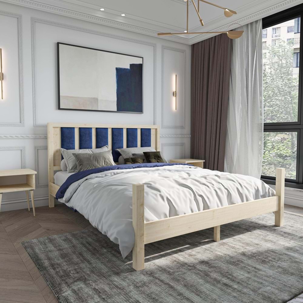 Orion Model Lacivert Puflu Başlıklı Doğal Çam Ahşap Karyola