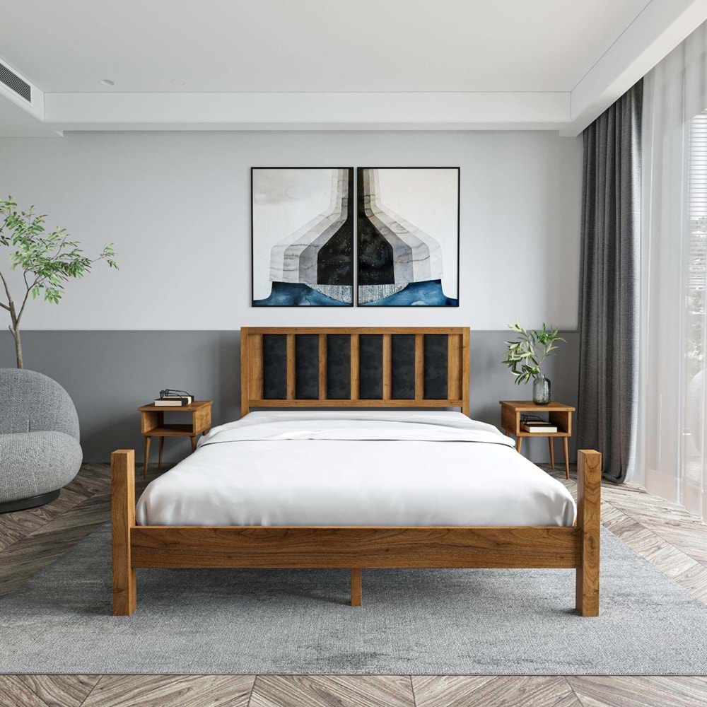 Orion Model Siyah Renk Puflu Başlıklı Ceviz Renk Çam Ahşap Karyola Ve İki Komodin Set