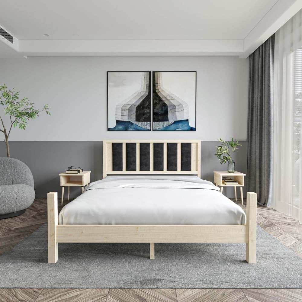 Orion Model Siyah Renk Puflu Başlıklı Doğal Çam Ahşap Karyola Ve İki Komodin Set