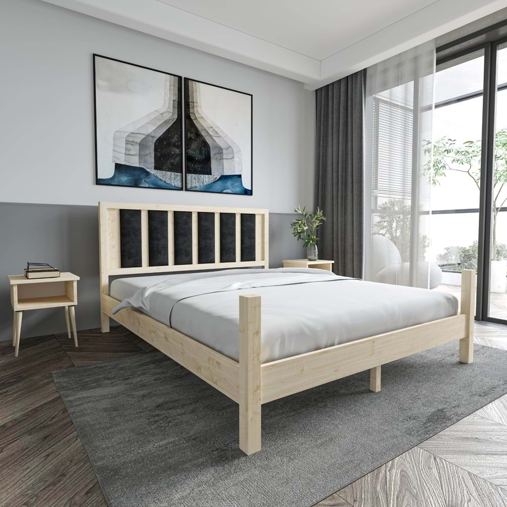 Orion Model Siyah Renk Puflu Başlıklı Doğal Çam Ahşap Karyola Ve İki Komodin Set