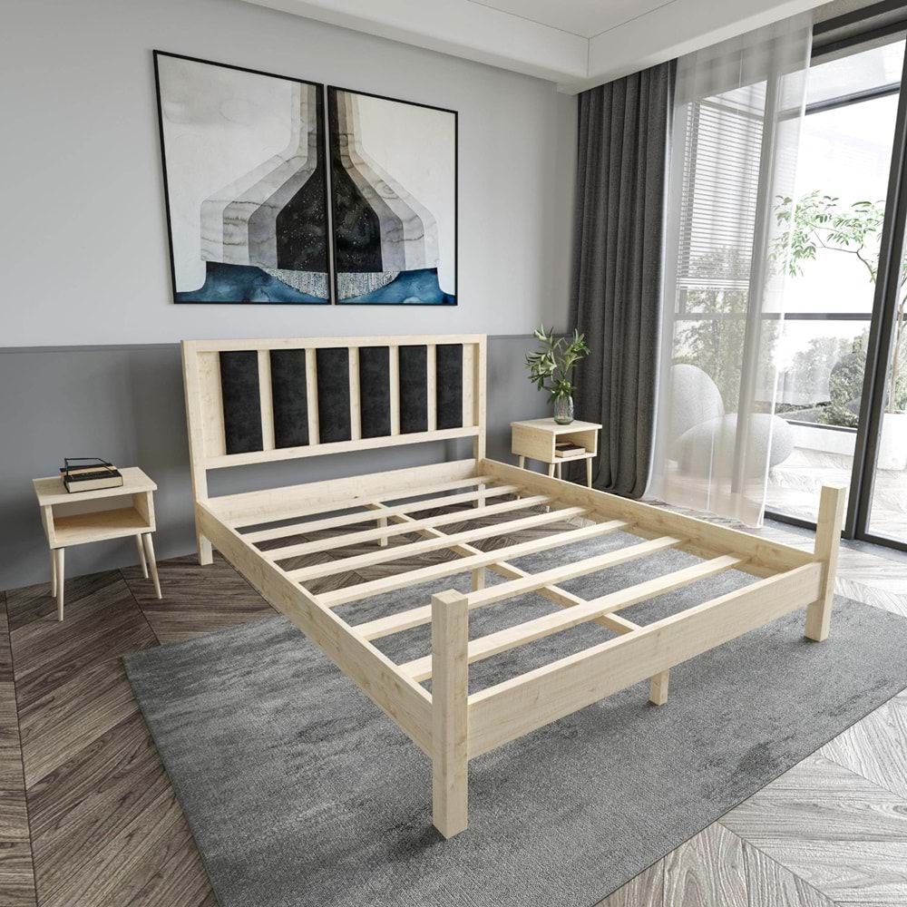 Orion Model Siyah Renk Puflu Başlıklı Doğal Çam Ahşap Karyola