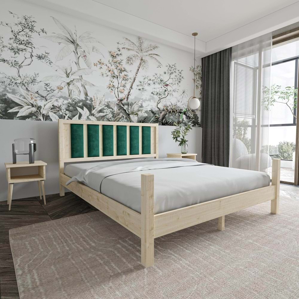 Orion Model Zümrüt Yeşili Puflu Başlıklı Vernikli Çam Ahşap Karyola