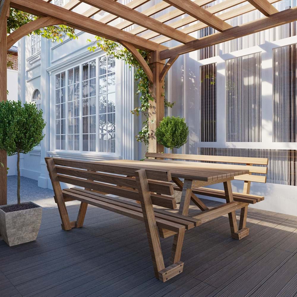 Sırt Destekli Fındık Renk Ahşap Piknik Masası 6 kişilik