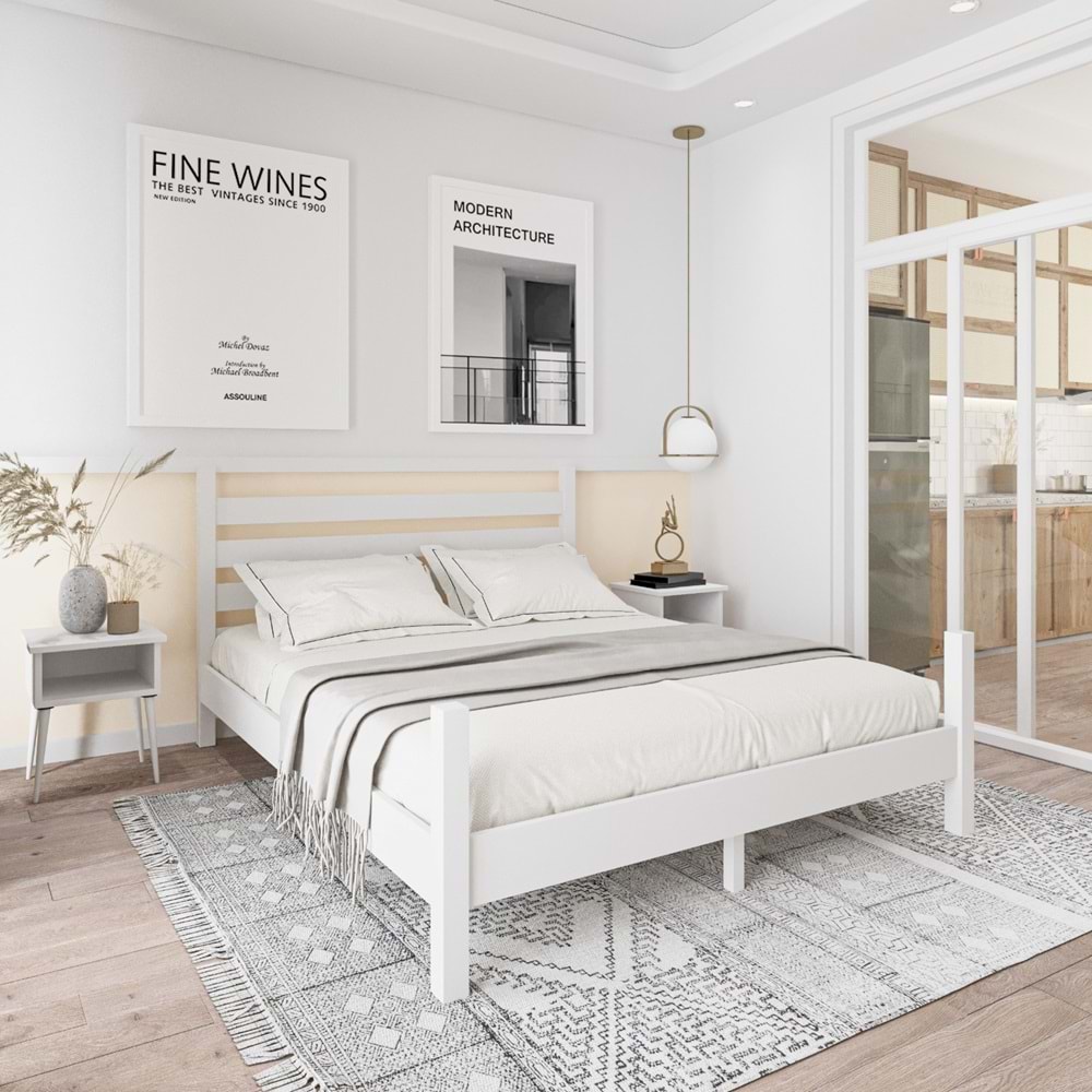 Urban Model Beyaz Renk Çam Ahşap Karyola Ve İki Komodin Set