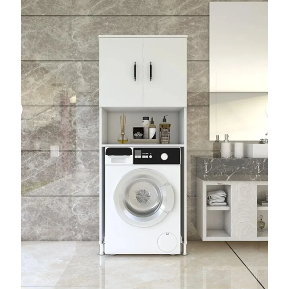 Renazzo Üst Kapaklı Çamaşır Makinesi Dolabı 2 Kapaklı 2 Raflı Banyo Dolabı Beyaz