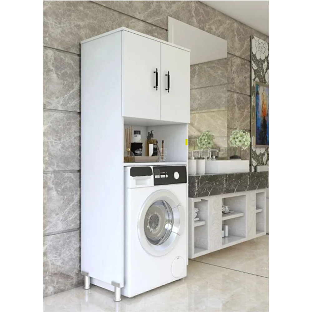 Renazzo Üst Kapaklı Çamaşır Makinesi Dolabı 2 Kapaklı 2 Raflı Banyo Dolabı Beyaz