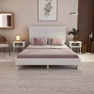 Alaz Model Beyaz Renk Çam Ahşap Karyola Ve İki Komodin Set ( Dikey )