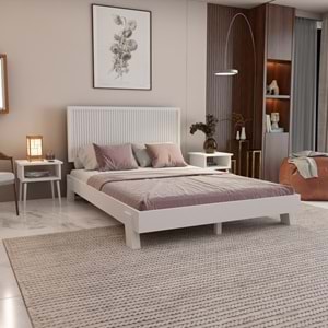 Alaz Model Beyaz Renk Çam Ahşap Karyola Ve İki Komodin Set ( Dikey )