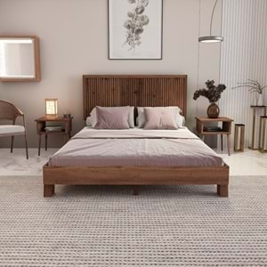 Alaz Model Ceviz Renk Çam Ahşap Karyola Ve İki Komodin Set ( Dikey )