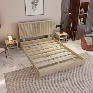 Alaz Model Doğal Çam Ahşap Karyola Ve İki Komodin Set ( Dikey )