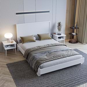 Alaz Model Beyaz Renk Çam Ahşap Karyola Ve İki Komodin Set ( YTY )