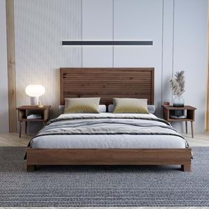 Alaz Model Ceviz Renk Çam Ahşap Karyola Ve İki Komodin Set ( YTY )