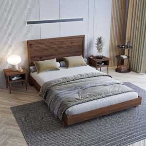 Alaz Model Ceviz Renk Çam Ahşap Karyola Ve İki Komodin Set ( YTY )