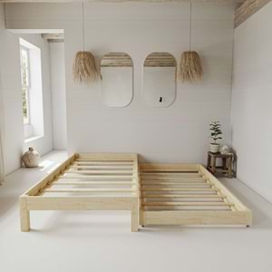 Canvas Model Yavrulu Doğal Çam Ahşap Karyola