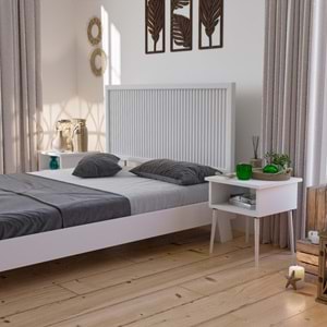 Ebruli Model Beyaz Renk Çam Ahşap Karyola Ve İki Komodin Set ( Dikey )