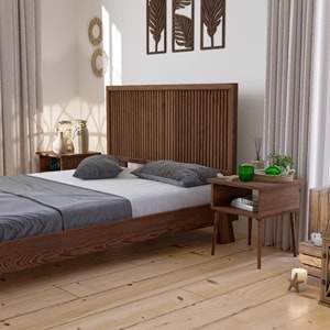 Ebruli Model Ceviz Renk Çam Ahşap Karyola Ve İki Komodin Set ( Dikey )