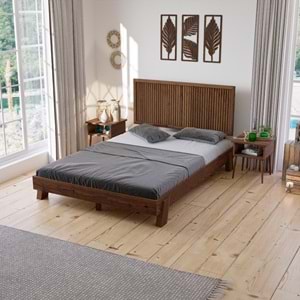 Ebruli Model Ceviz Renk Çam Ahşap Karyola Ve İki Komodin Set ( Dikey )