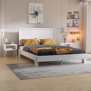 Ebruli Model Beyaz Renk Çam Ahşap Karyola Ve İki Komodin Set ( YTY )