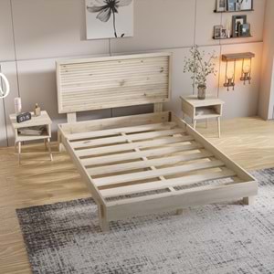 Ebruli Model Doğal Çam Ahşap Karyola Ve İki Komodin Set ( YTY )