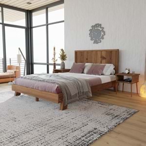 Hüma Model Ceviz Renk Çam Ahşap Karyola Ve İki Komodin Set ( Dikey )