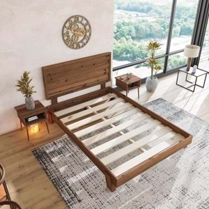 Hüma Model Ceviz Renk Çam Ahşap Karyola Ve İki Komodin Set ( YTY )